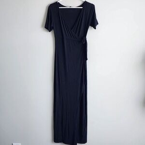 Atmosphere Wrap Maxi Dress Womens 10 Black Short Sleeve  Stretch Goth Minimalist